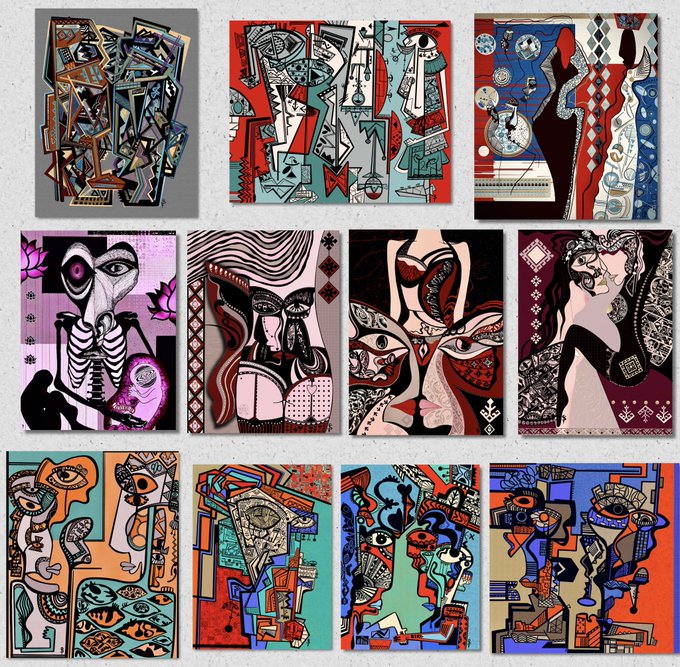 Grid of ten abstract cubist-style paintings featuring distorted faces, eyes, and figures in bold colors like red, blue, green, and purple.