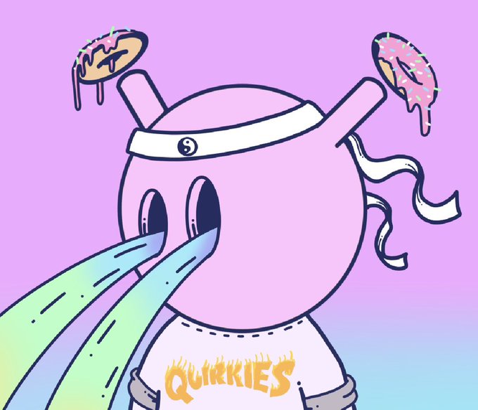 A cartoon character with a round pink head and a 'QUIRKIES' shirt shoots colorful laser beams from its eyes while donuts float around it.