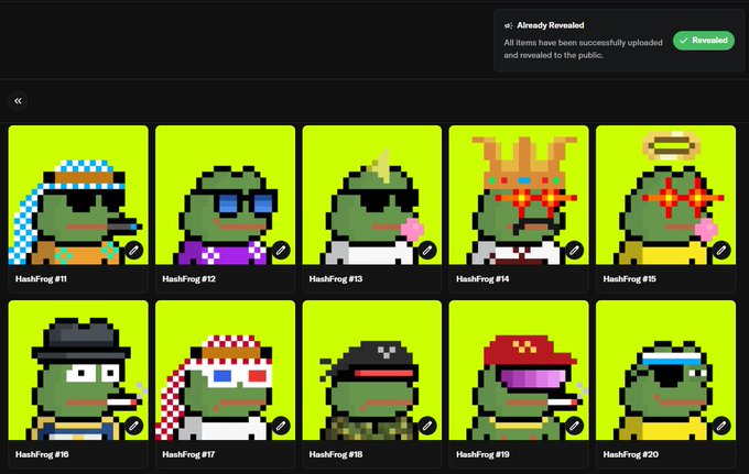 A digital gallery interface displaying pixel-art 'HashFrog' NFT characters numbered #11 through #20, each a green frog wearing different accessories like keffiyehs, sunglasses, and military gear on a lime green background. A notification reads 'Already Revealed' confirming successful public upload.
