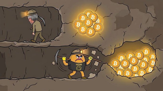 A cartoon showing miners in a mine, one walking past and another working with a pickaxe near piles of Bitcoin coins, illustrating crypto mining.