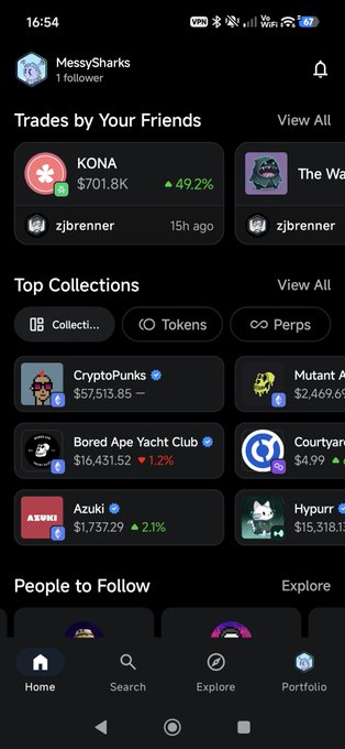 A screenshot of a crypto/NFT mobile app (MessySharks) showing 'Trades by Your Friends' featuring KONA, and 'Top Collections' including CryptoPunks ($7,513.85), Bored Ape Yacht Club ($16,431.52), Azuki ($1,737.29), Mutant A..., Courtyard, and Hypurr.