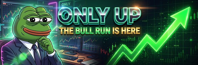 A meme-style graphic featuring a Pepe the Frog character in a suit next to the text "ONLY UP — THE BULL RUN IS HERE" with green upward trending chart arrows and financial data screens in the background.