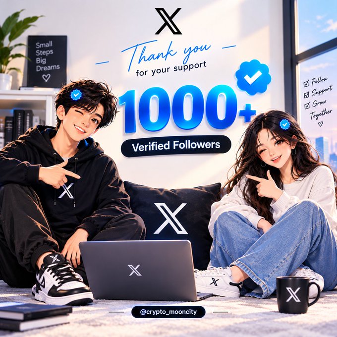 The image is an anime-style promotional graphic celebrating "1000+ Verified Followers" with the text "Thank you for your support" and "Small Steps Big Dreams," "Follow, Support, Grow Together," featuring two illustrated characters pointing at the milestone alongside an X-branded laptop, mug, and pillow, tagged @crypto_mooncity—visually reinforcing the post's offer to help users reach their first 1K verified follower milestone.