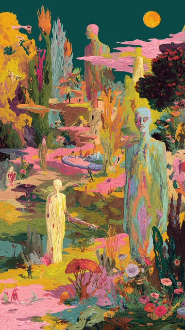 A vibrant, surreal digital painting featuring stylized human figures in a colorful landscape with lush vegetation, bright flowers, a sun, and a moon against a dark green sky.