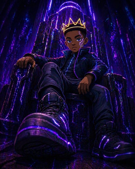 A digital illustration of a young boy wearing a glowing crown and dark clothing, seated on an ornate throne bathed in purple light.