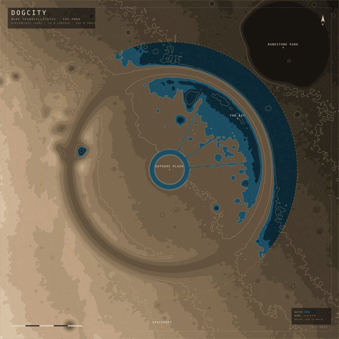 An illustrated map titled 'DOGCITY - THE MOON' depicting a crater on the lunar surface with locations like 'CATOSHI PLAZA', 'THE BAY', and 'RUNESTONE PARK' marked with blue water-like features.