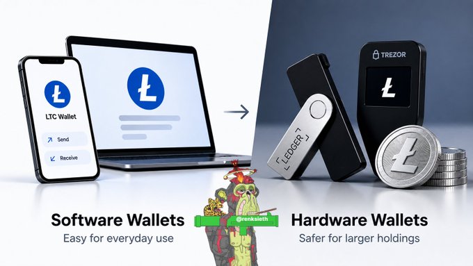 An infographic compares 'Software Wallets' (LTC Wallet, easy for everyday use) with 'Hardware Wallets' (Ledger, Trezor, safer for larger holdings), featuring a @yenk.eth NFT.