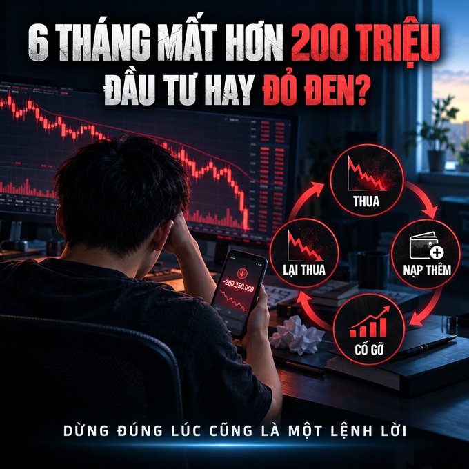 A Vietnamese graphic with text reading '6 THÁNG MẤT HƠN 200 TRIỆU ĐẦU TƯ HAY ĐỎ ĐEN?' depicting a frustrated trader looking at a downward red candlestick chart and a cycle of loss, more loss, depositing more, and opportunity.