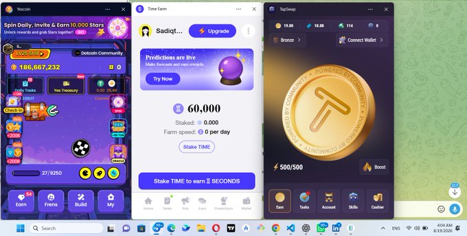 Three Telegram mini-apps—Yescoin ("Spin Daily, Invite & Earn 10,000 Stars"), TimeFarm (showing "60,000" staked and "60K per day" farming speed), and TapSwap ("Connect Wallet" with a 19.00 balance)—are displayed side by side, illustrating several of the listed projects that allegedly scammed their communities.