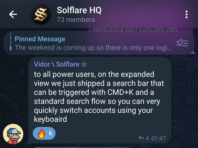 The image shows a message from @vidor_solflare, which appears to be a conversation or discussion about an update they have made over the weekend. The text of the message includes information about the new feature that has been added, as well as instructions for users on how to switch between their accounts using this feature. The post also mentions that the weekend is coming up so there's only one logi
