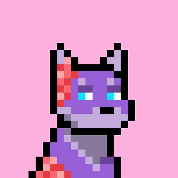 Pixel art depiction of a purple character with horns and cyan eyes against a pink background, resembling a retro game sprite.