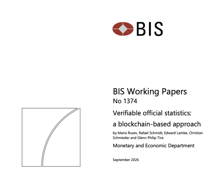 The image shows the cover of a BIS Working Paper (No. 1374) titled "Verifiable official statistics: a blockchain-based approach," authored by Mario Rusev, Rafael Schmidt, Edward Lambe, Christian Schmieder, and Glenn Philip Tice from the Monetary and Economic Department, dated September 2026. The accompanying post highlights this as an example of the Bank for International Settlements (BIS) researching blockchain applications for official statistics—work the poster has been tracking since 2022 to understand how this technology could integrate into financial infrastructure.