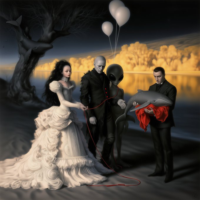 A pale bride in an elaborate white gown, a vampiric figure, a dark alien, and a man in black holding a dolphin wrapped in red cloth stand together by a misty lake at night beneath white balloons and a gnarled tree, evoking the haunting intimacy of carrying burdens with love as described in the accompanying "Good night" caption.
