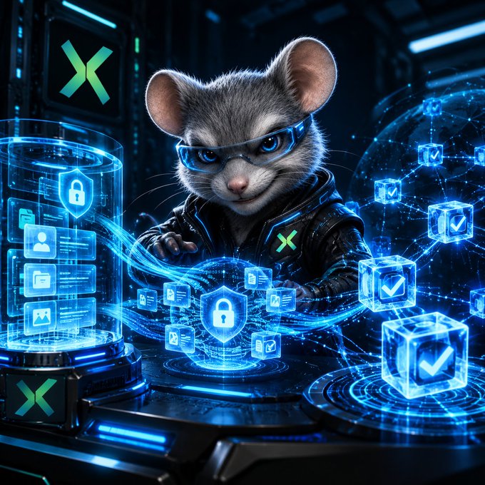 A digitally rendered anthropomorphic mouse wearing futuristic glasses and a black jacket stands at a high-tech control station, manipulating glowing blue holographic interfaces featuring padlock icons, checkmarks, and data cubes, with a prominent green "X" logo displayed on panels in the background.