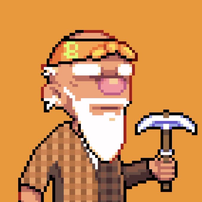 Pixel art of an elderly bearded man wearing glasses and a headscarf, holding a pickaxe against an orange background.