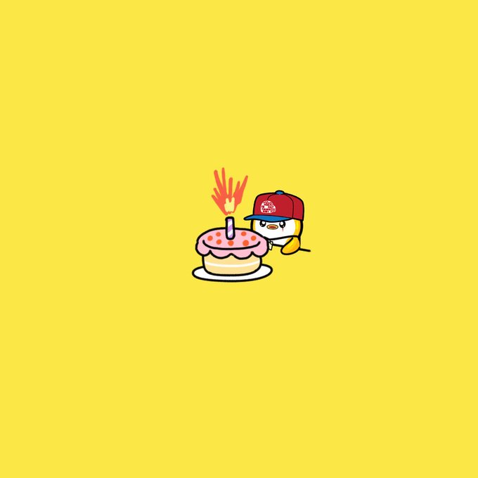 Illustration of an angry bird-like character wearing a red cap with a sriracha logo, hitting a cake with a candle against a bright yellow background.