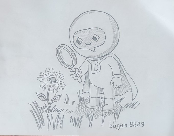 A pencil drawing of a cute, masked character with the letter 'D' on its chest examining a glowing flower-shaped microchip with a magnifying glass. The artwork is signed 'bugan 9289' in the bottom right corner.