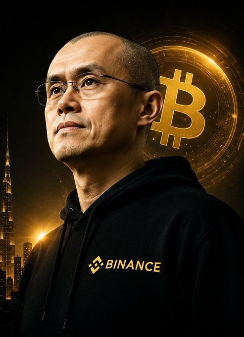 A digital portrait of a man wearing glasses and a black hoodie with a gold "BINANCE" logo, set against a dark background featuring a glowing golden Bitcoin symbol and a city skyline.