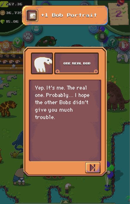 The image presents a screenshot of a mobile game with an interesting focus on the name "Bob". At the center, there's a message on the screen that reads: "Just completed Bob event Bday... @pixels_online x @Ronin_Network Thanks for sharing @filhonah , I tried from yesterday but bob just respond #pixelsonline #pixelscreator #ronincreator". The screenshot also shows a map and various items such as ducks, cats, elephants, zebras, and bears.