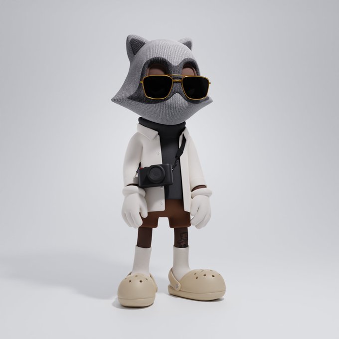 A 3D-rendered raccoon character wearing sunglasses, a white open shirt over a black turtleneck, brown shorts, and beige clogs, holding a camera—stylistically representing the "Open Shirt & Black/White Turtleneck" outfit from a Beast #4649 NFT that recently flipped for 0.078 ETH.