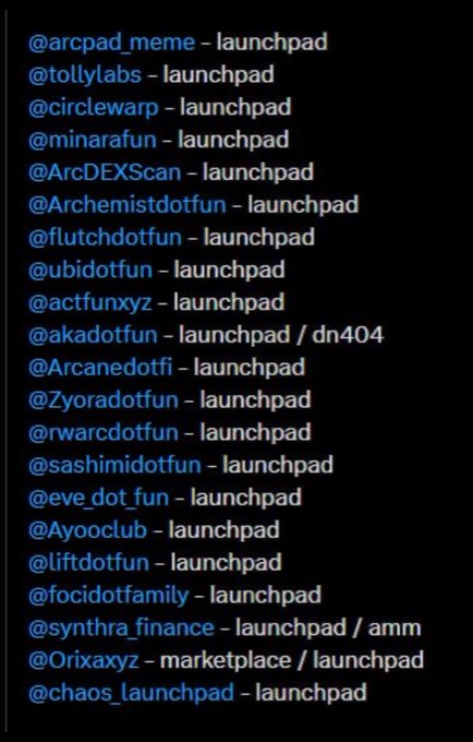A list of cryptocurrency project launchpads including @arcpad_meme, @tollylabs, @circlewarp, and others like @akadottfun and @syntra_finance displayed as a vertical text menu.