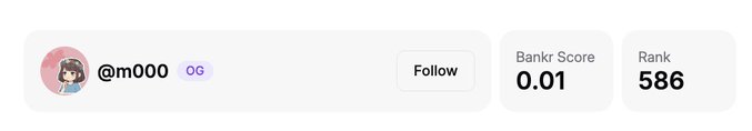 A social media profile header for '@m000' with an 'OG' tag, a 'Follow' button, 'Bankr Score 0.01', and 'Rank 586'.