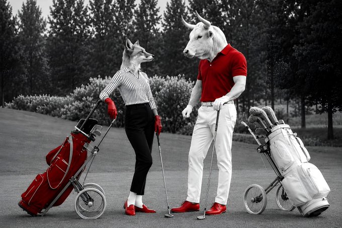 A surreal black-and-white photo features a figure with a fox head and another with a bull head standing on a golf course, both holding clubs next to their respective golf bags, accented with red clothing details.