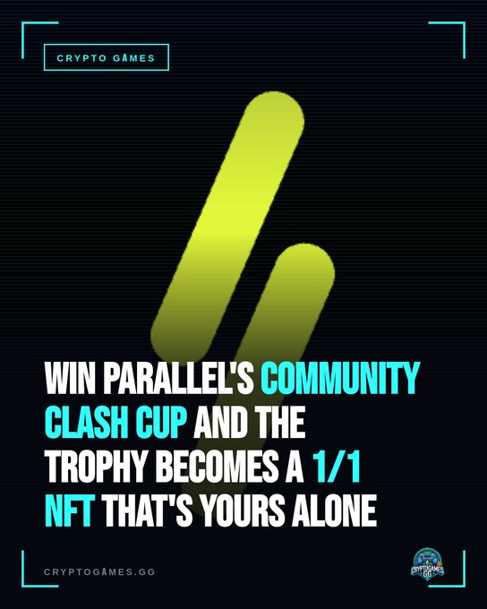 A promotional graphic for Parallel's Community Clash Cup, featuring green logo elements and the text 'CRYPTO GAMES', 'WIN PARALLEL'S COMMUNITY CLASH CUP AND THE TROPHY BECOMES A 1/1 NFT THAT'S YOURS ALONE', and 'CRYPTOGAMES.GG'.