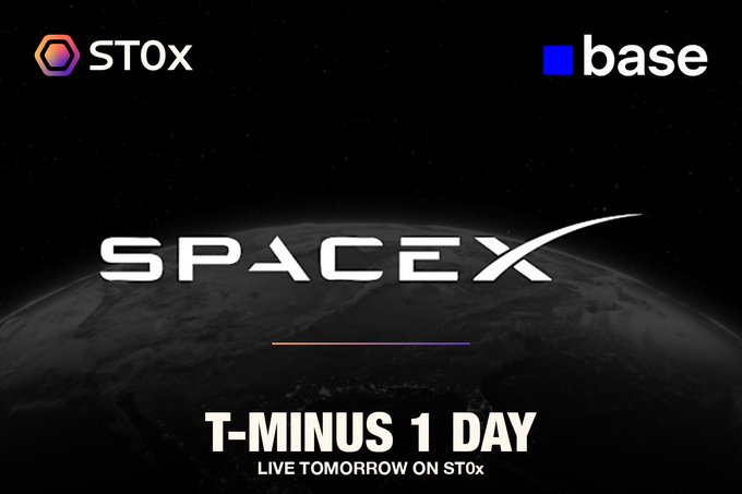 The image features a black background with white text that reads "SpaceX" and "T-Minus 1 Day". Below this, there are two lines of text that read "Live Tomorrow On Stox". The image also includes an illustration of a planet in space.