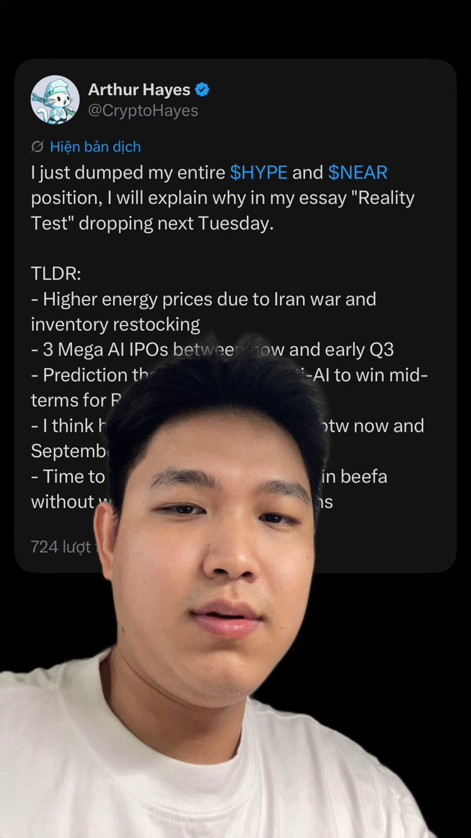 The image features a man wearing a white t-shirt with his face prominently displayed against a black background. Below him, there's a Twitter account that reads "@arthur hayes" followed by a message about an essay or a news article. The text in the message seems to be a response to Arthur Hayes' tweet, expressing disappointment or frustration over the content of the tweet.