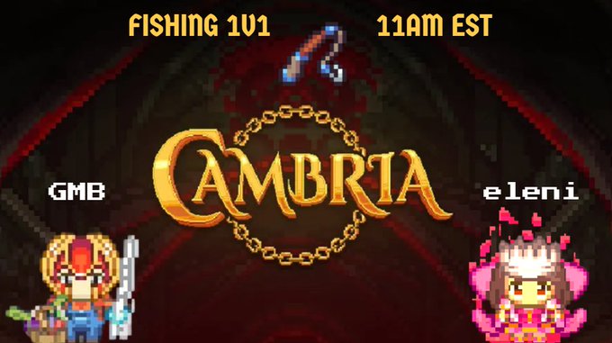 A retro pixel-art thumbnail for a 'Fishing 1v1' stream by Cambria at 11AM EST, featuring characters labeled 'GMB' and 'Eleni' flanking a stylized gold logo.