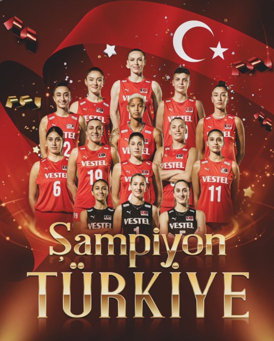The image shows the Turkish women's national volleyball team in their red Vestel-sponsored uniforms (with visible numbers including 6, 10, and 11) posing with their country's flag, accompanied by the celebratory text "Şampiyon Türkiye" (Champion Turkey) in gold lettering. The caption "Hakkınızı helal edin kızlar, biz sizi gerektiğinden çok az övmüşüz…" (Forgive us girls, we praised you far less than you deserved) expresses belated recognition of the team's championship achievement that the image commemorates.