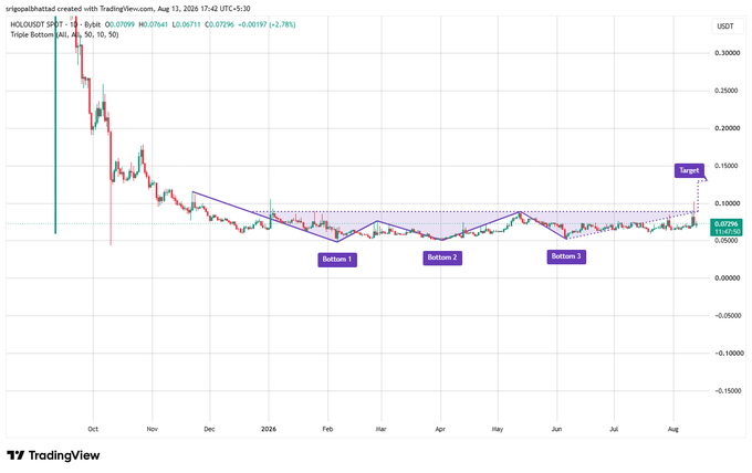 A TradingView chart for HOLOUSDT showing a 'Triple Bottom' technical analysis pattern with three labeled bottoms and a target line projected above the current price of 0.07296.
