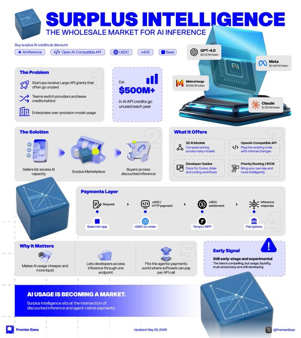 The image features a colorful infographic that explains Surplus Intelligence and its purpose, as well as how it can help businesses. The infographic shows a blue cube with the words "Surplus Intelligence" written on it, accompanied by icons representing AI technology. In addition, there are descriptions of other AI technologies such as chatbots, virtual personal assistants, machine learning, robotics, and more. The text on the infographic highlights Surplus Intelligence's role in becoming an artificial intelligence (AI) marketplace, which offers solutions to organizations seeking an affordable way to build their own AI capabilities or access existing AI technology for less than $500 per month.