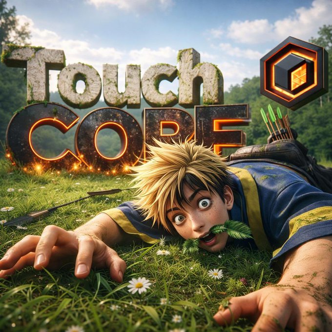 The image features a cartoon character lying down in a grassy field, with their head tilted back as if they are about to take a bite out of something green. The text "Touch Core" is written above them, indicating that this is an advertisement for a video game called Touch Core. The character appears to be a cartoon or animated figure rather than a real person.