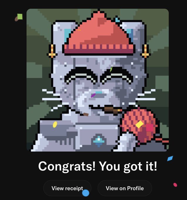 A pixel art achievement notification showing a gray cat character wearing a red knit hat, with the text 'Congrats! You got it!' and buttons for 'View receipt' and 'View on Profile'.