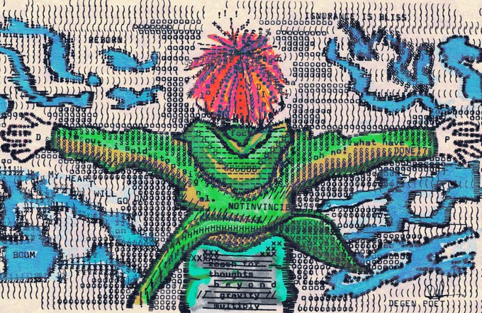 An artwork combining ASCII/text art with a colorful drawing of a green humanoid figure with a red spiked head, surrounded by text including "BLISS", "DOOM", "NOT INVINCIBLE", and "DECEMBER".
