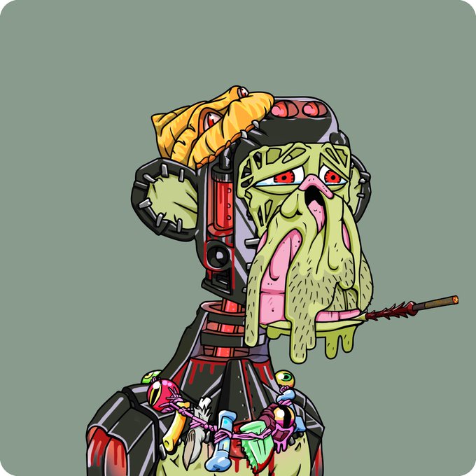 A cartoon illustration shows a green-skinned zombie character with drooling slime, wearing spiked gear and smoking a spiked cigarette.