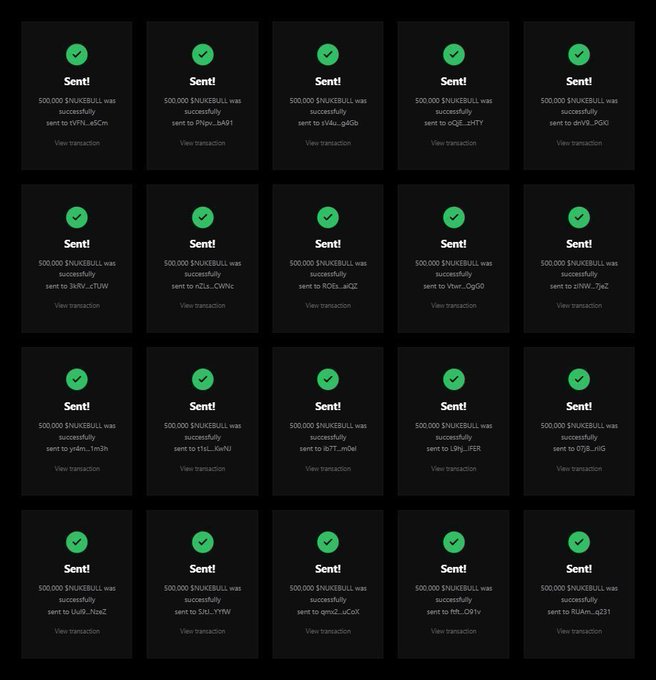 A grid of dark-themed transaction confirmation screens, each showing a green checkmark and text indicating '500,000 $NUKKEBULL was successfully sent' to various wallet addresses.