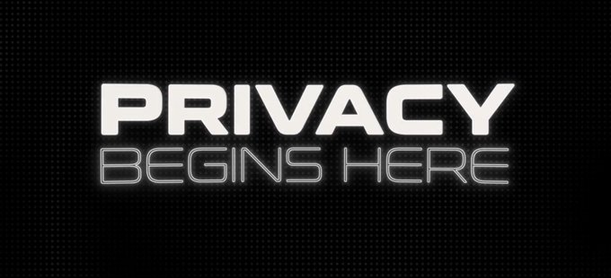 Bold white and outlined text on a black dotted background reads 'PRIVACY BEGINS HERE.'
