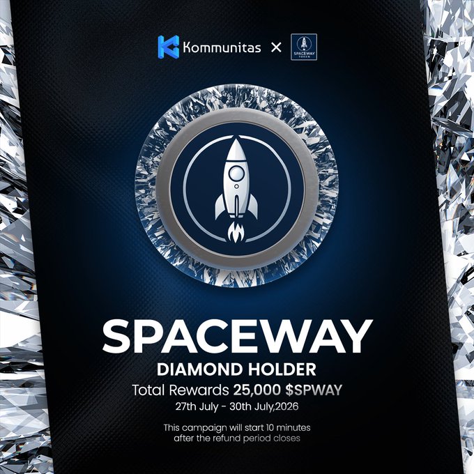 A promotional banner for "SPACEWAY DIAMOND HOLDER" campaign by Kommunitas and Spaceway Token, offering total rewards of 25,000 $PWAY from 27th–30th July, 2026.