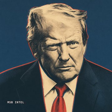 A stylized portrait illustration of Donald Trump in a dark suit and red tie against a blue background, with the text 'MSB INTEL' in the corner.