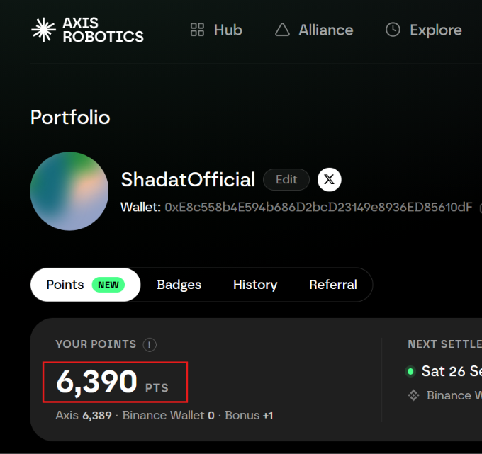 A screenshot of an Axis Robotics portfolio dashboard for user 'ShadatOfficial' displays 6,390 points, with tabs for Points, Badges, History, and Referral.