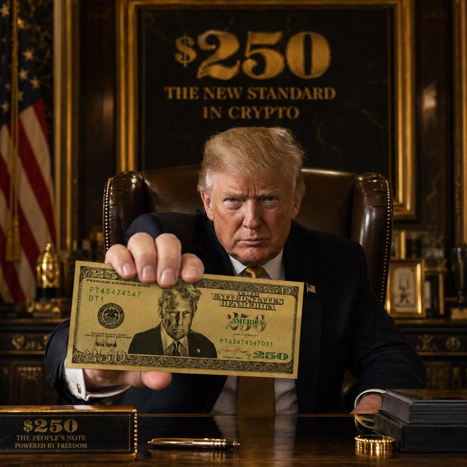 The image features a man dressed up in a suit, holding up a gold note that reads "RICH250" against an office setting with a desk and chairs. The caption suggests that this might be related to a new standard or platform in Cryptocurrency, which is being promoted on the launch day of a product called "#Solana". The image focuses on the rich note's value rather than any other elements within the scene.