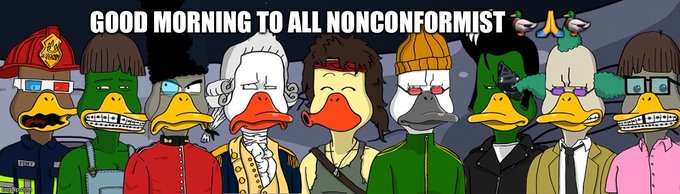 A meme-style banner displaying a row of cartoon bird-like characters with various hairstyles and clothing, topped with the text 'GOOD MORNING TO ALL NONCONFORMIST'.