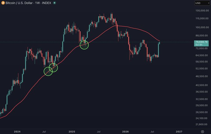 Bitcoin weekly chart showing BTC/USD at $79,668 with the 50-week moving average (red line) acting as key support, with circled instances highlighting where price previously respected this level during the 2024-2025 bull market.