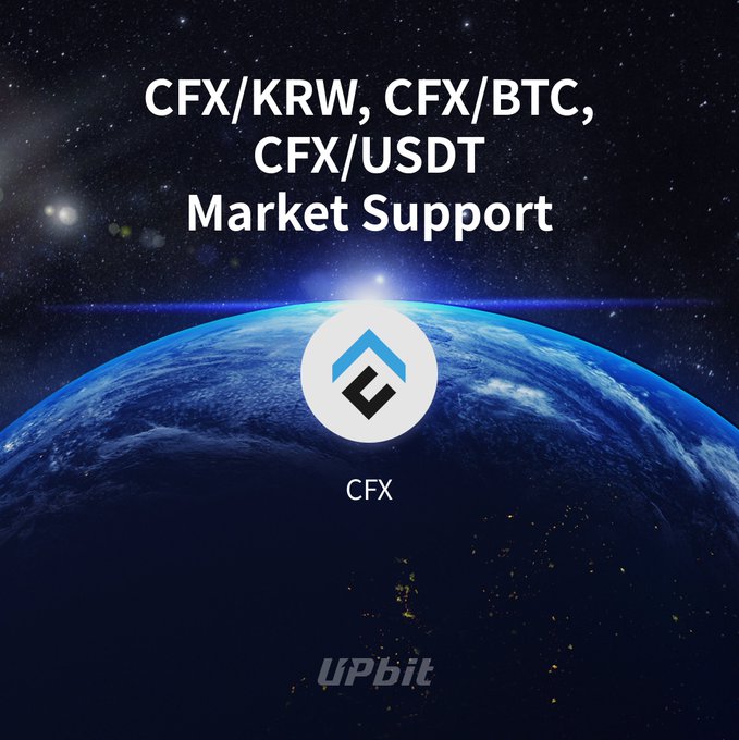 This image announces "CFX/KRW, CFX/BTC, CFX/USDT Market Support" with the CFX logo and the Upbit logo, directly relating to the post about CFX's listing on Upbit.