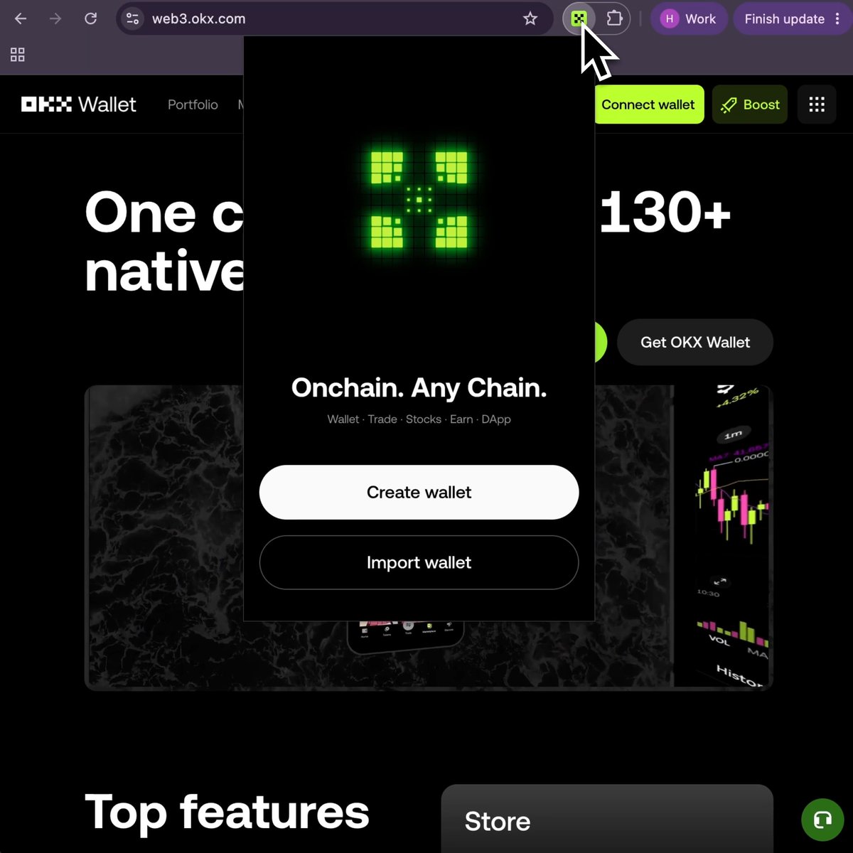 A cursor clicks the OKX Wallet browser extension icon, opening a popup on web3.okx.com that displays the OKX logo with the tagline "Onchain. Any Chain. Wallet · Trade · Stocks · Earn · DApp" alongside "Create wallet" and "Import wallet" buttons, illustrating the seamless browser-based login experience referenced in the post.