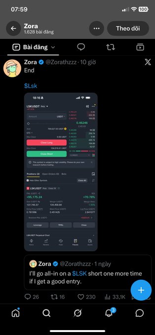 A screenshot of a Twitter/X post from user Zora (@Zorathzz) showing a cryptocurrency trading screen with $LSK and LSK/USDT pair visible, displaying trading options and account balances.