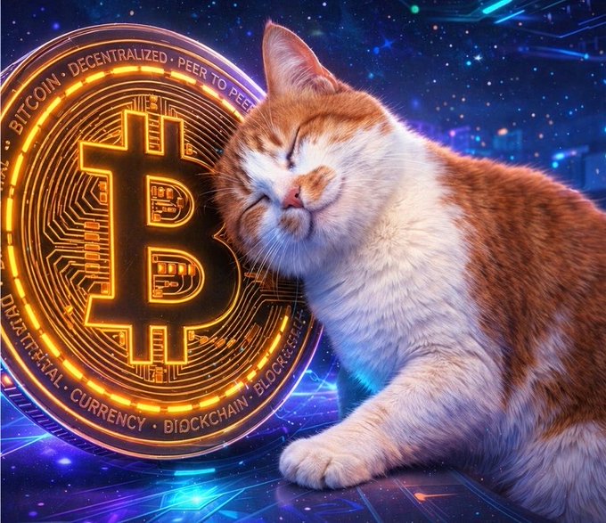 Digital artwork of an orange and white cat resting next to a glowing orange Bitcoin coin, with text reading 'BITCOIN, DECENTRALIZED, PEER TO PEER, DIGITAL, CURRENCY, BLOCKCHAIN' against a cosmic blue background.